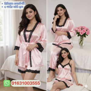 5 Part Night Dress Light Pink Black Lace