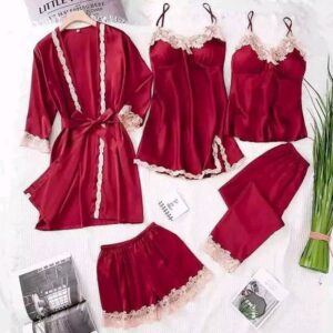 5 Part Night Dress Red White Lace