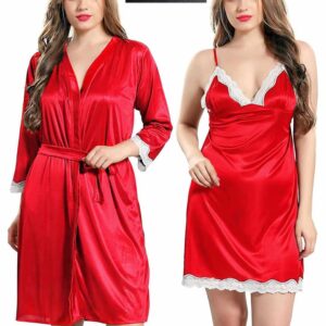 4 Part Night Dress Red White lace