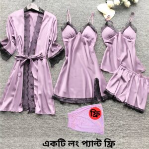 5 Part Night Dress Light Pink Black Lace