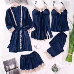 5 Part Night Dress Navy Blue White Lace
