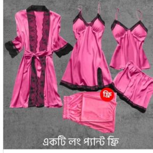 5 Part Night Dress Pink Black Lace