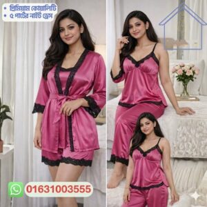 5 Part Night Dress Pink Black Lace