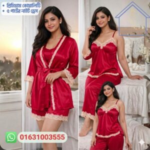 5 Part Night Dress Red White Lace