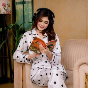 Women's Luxurious Printed 2 Pcs Satin Night Suit (White)